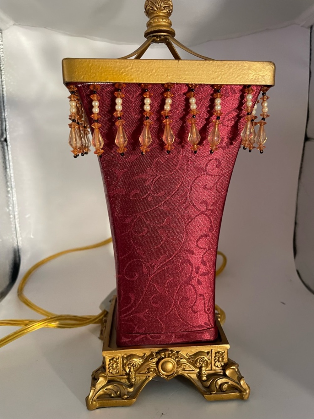 Vintage Lamp Beaded Red Fabric Shade Tassel Fringe Gold - Picture 5 of 13